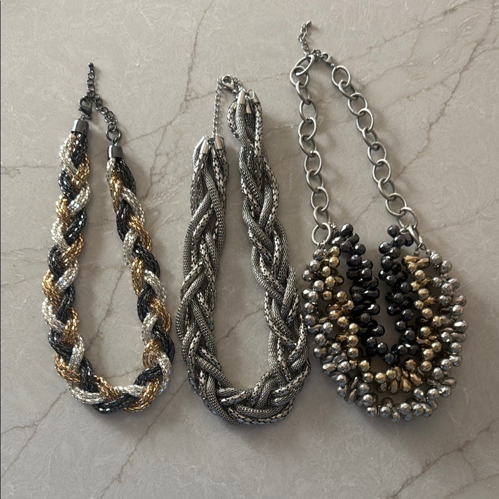 Silver and Gold Braided and one Beaded Necklace